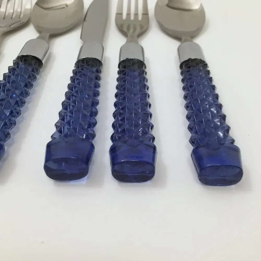 Lot of 10 Lucite Acrylic Plastic Handle Flatware Blue Faceted Diamond